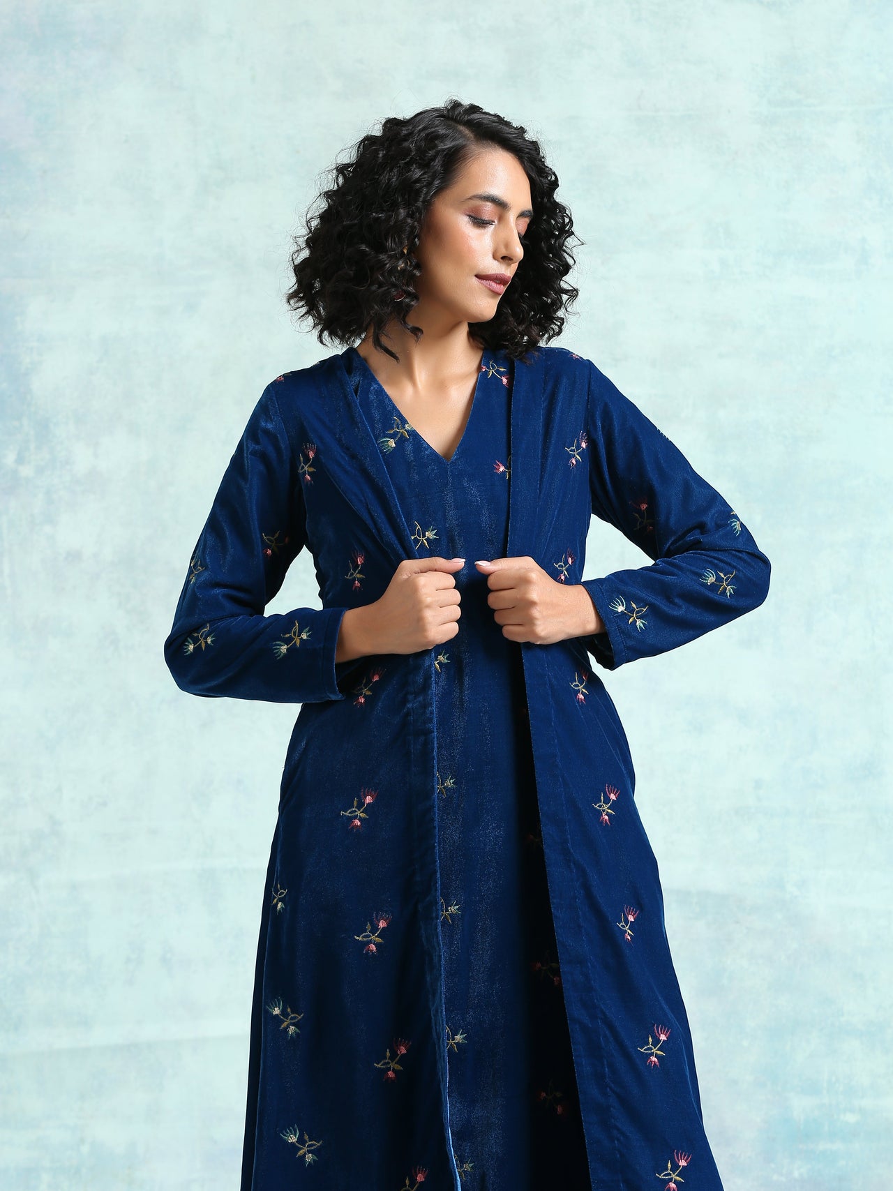 trueBrowns Blue Embroidered Velvet Overlay Jacket - Distacart