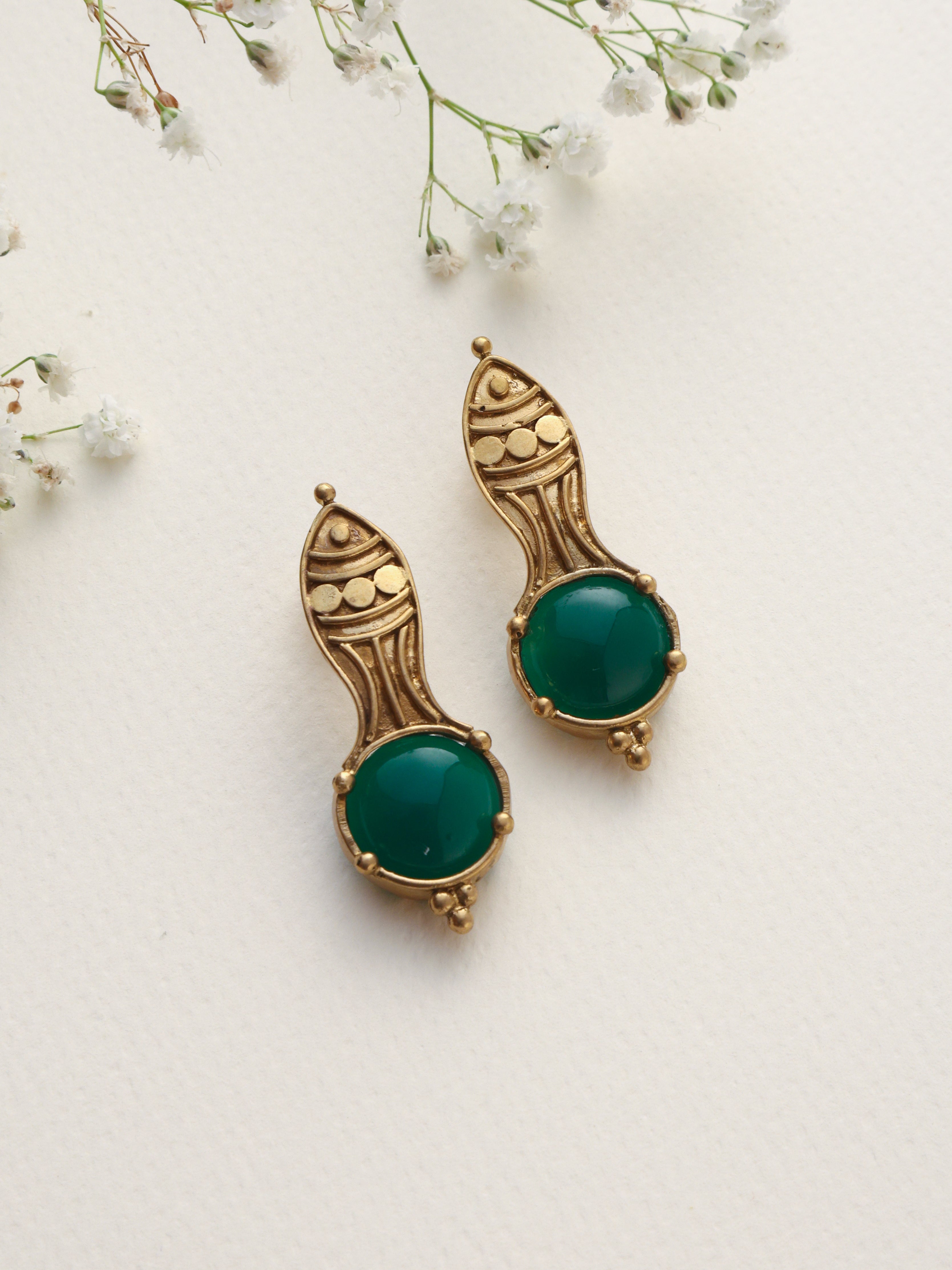 trueBrowns Brass Green Stone Abstarct Earrings - Distacart