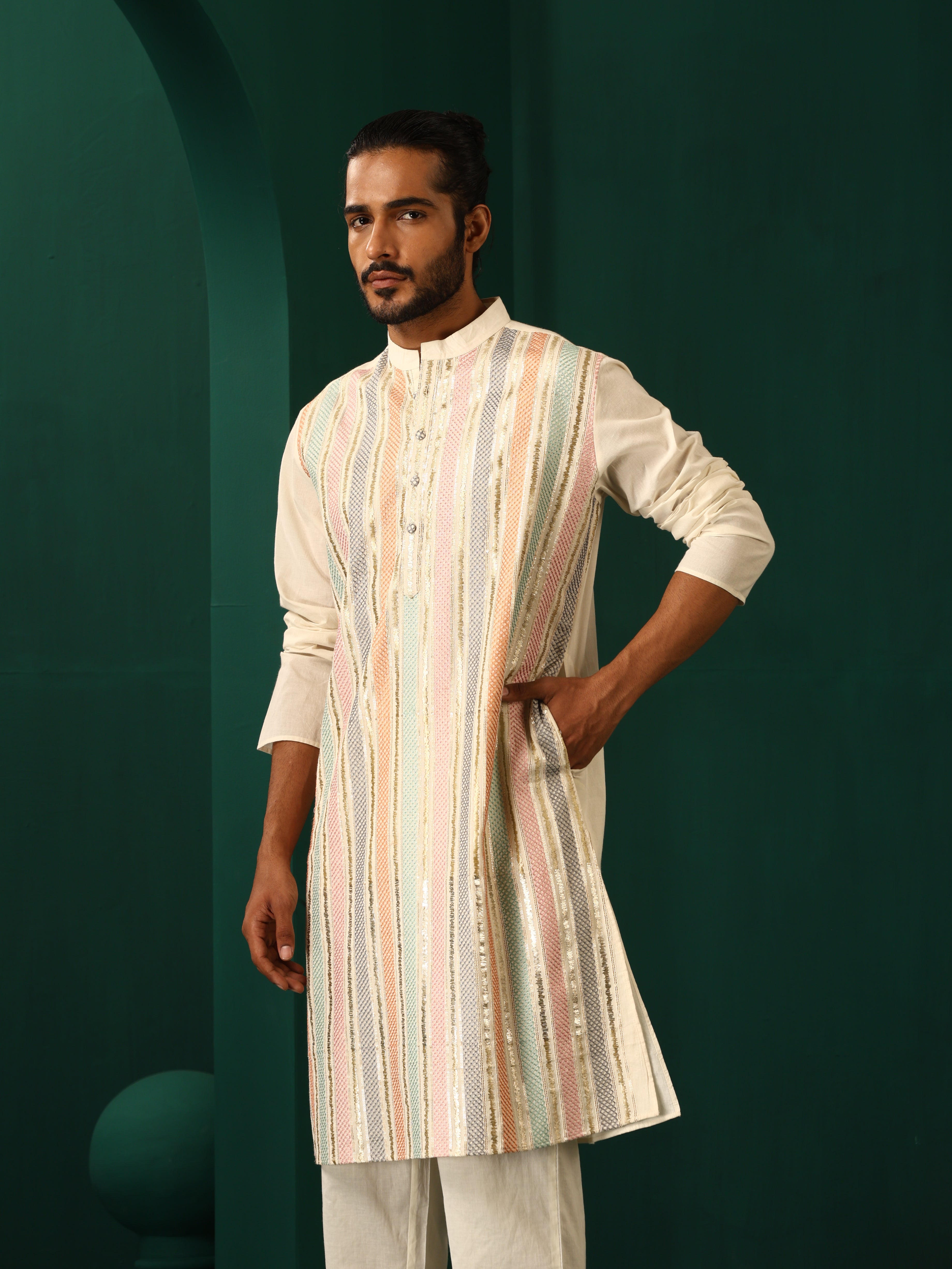 trueBrowns Men's Ivory Multi Colour Striped Cotton Kurta - Distacart