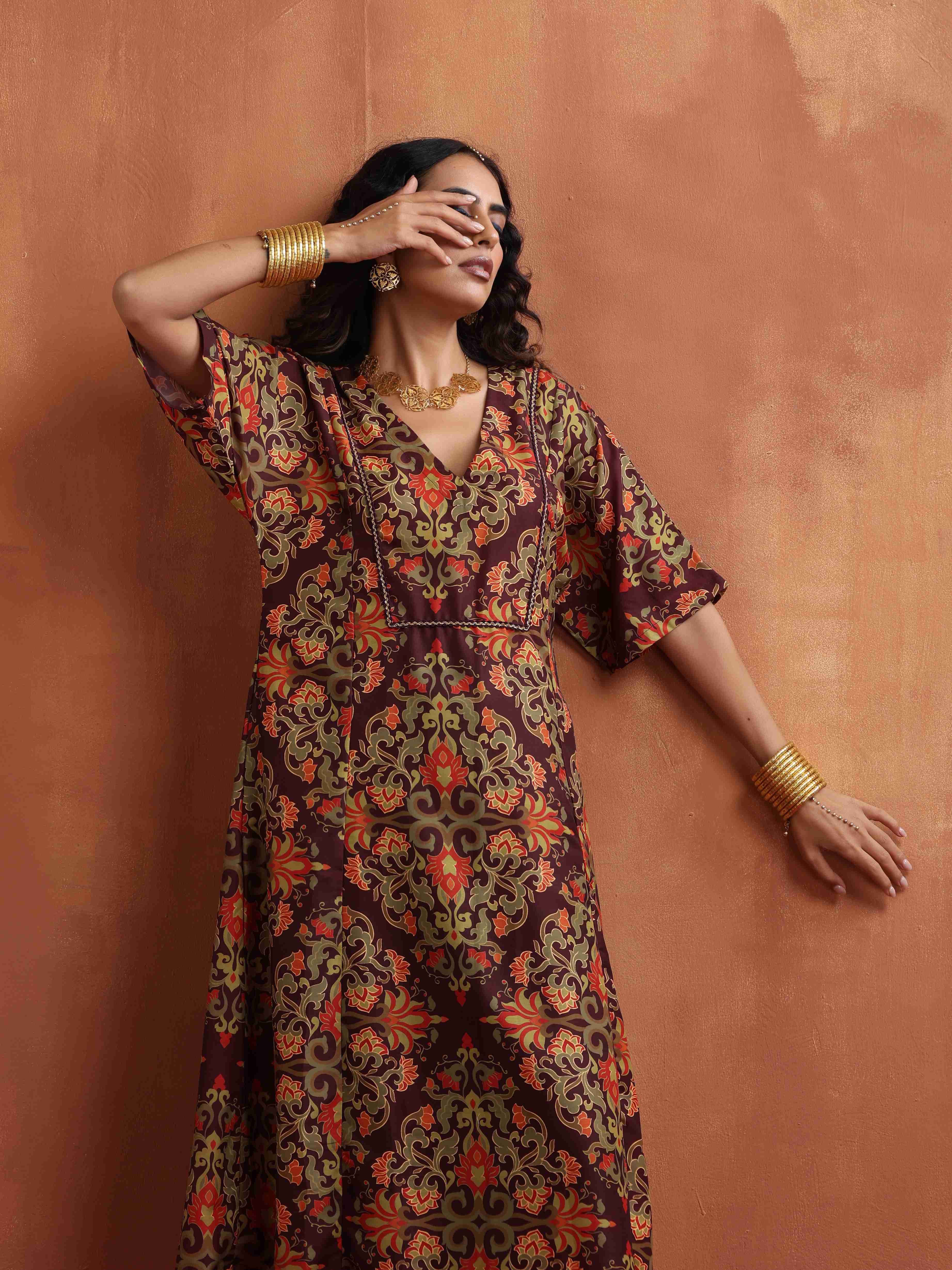 trueBrowns Brown Floral Print Kaftan Kurta Set - Distacart