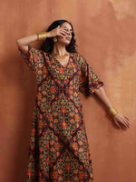 Thumbnail for trueBrowns Brown Floral Print Kaftan Kurta Set - Distacart
