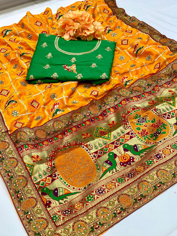 Lorenvalley Fashion Premium Yellow Vichitra Silk Embroidery and Diamond work Both Side Saree - Distacart