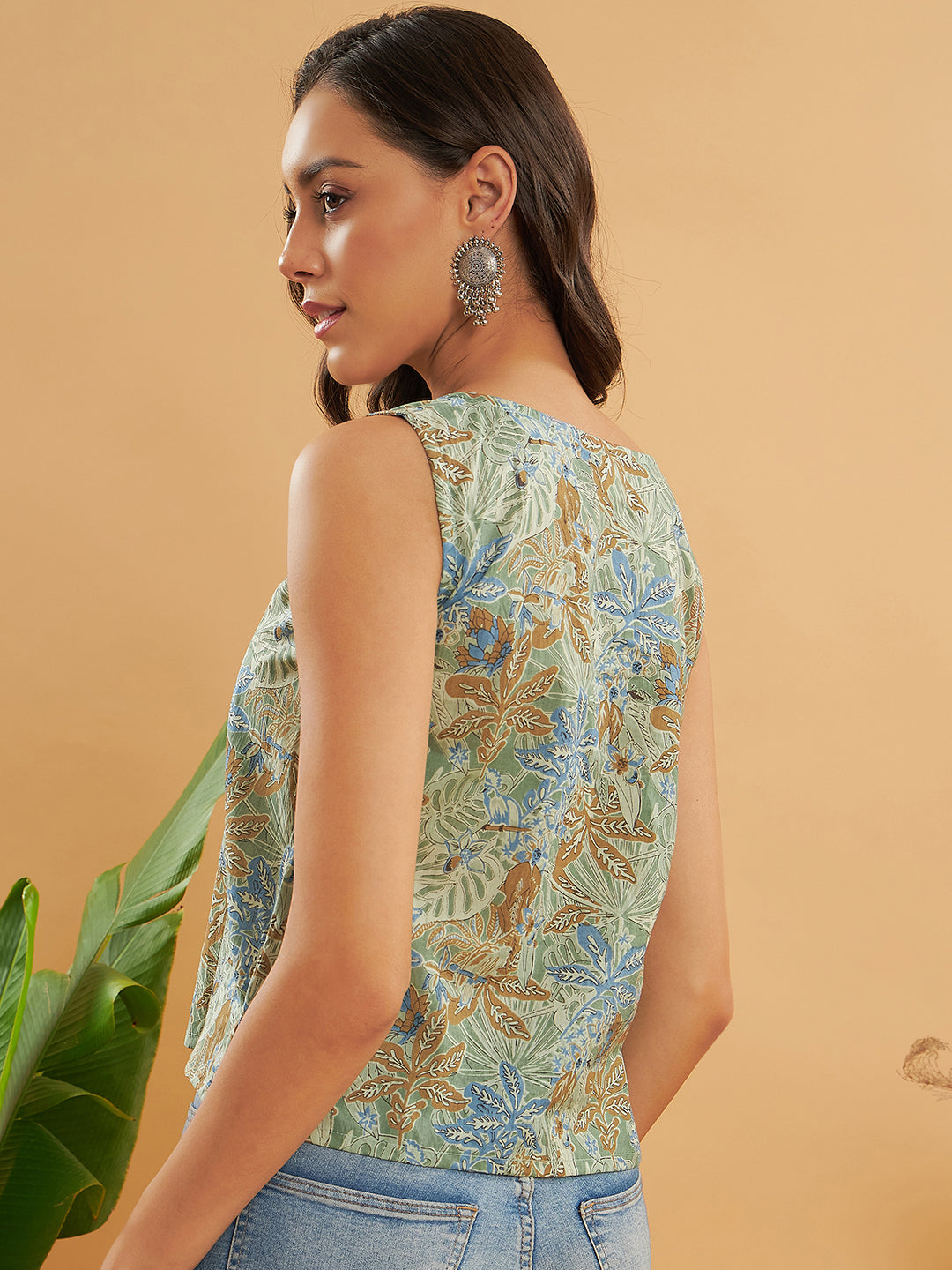 InWeave Dull Green Leaf Floral Print W/U Top