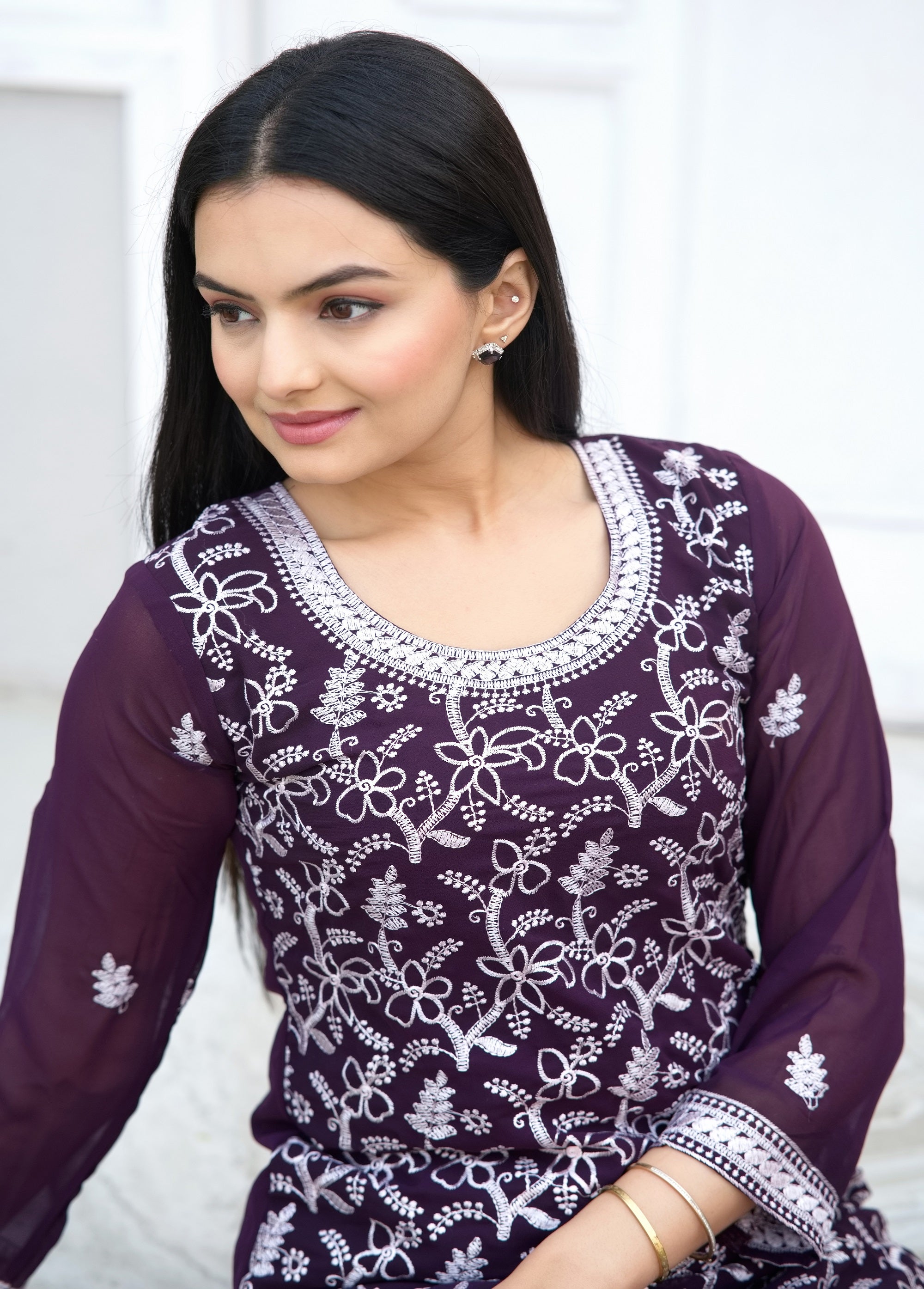 Teeya Creation Wine Color Faux Georgette Silk Heavy Embroidery Work Fully Stitched Salwar Suit - Distacart