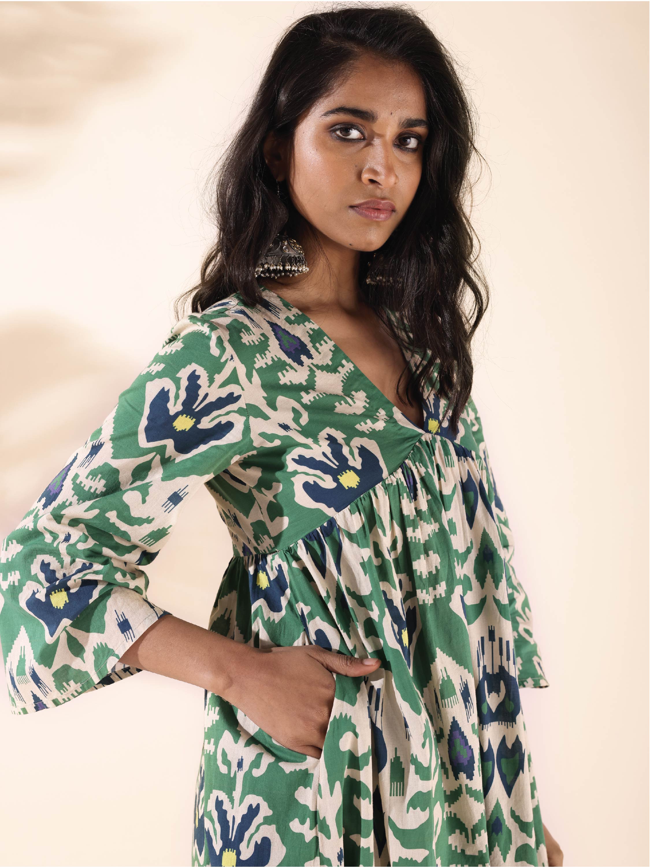 trueBrowns Green Cotton Ikat Flared Kurta Pant Set - Distacart
