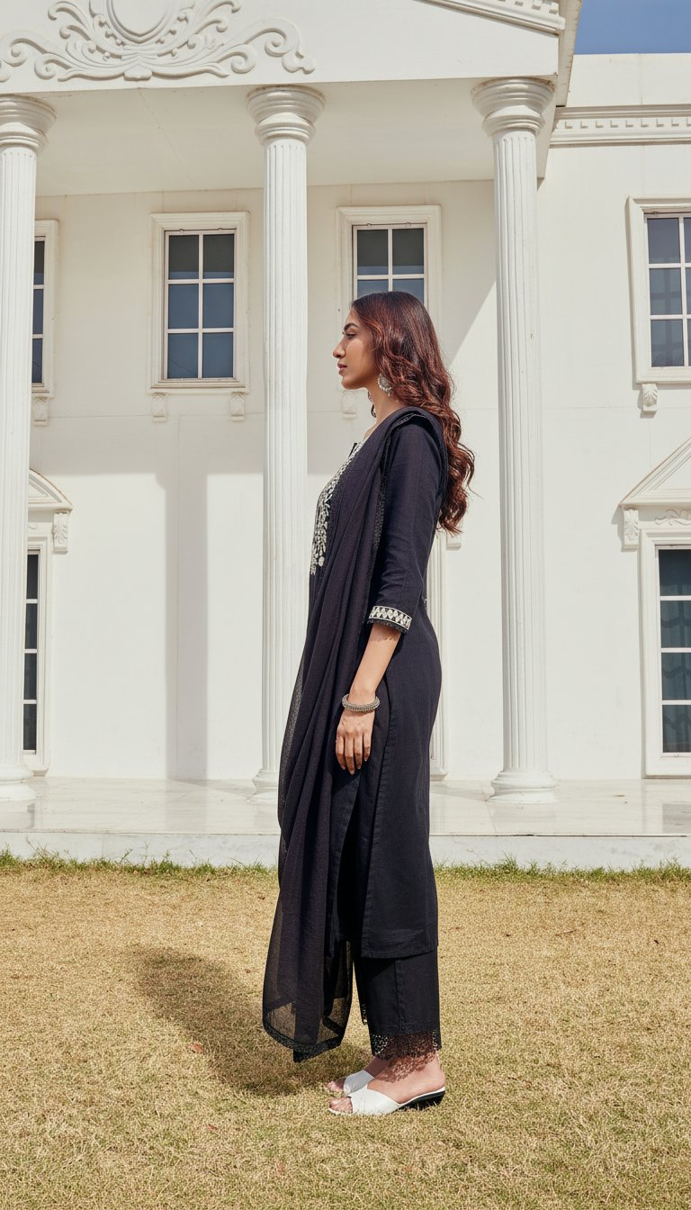 BulBul Samantha Cotton Black Kurta Set with Dupatta