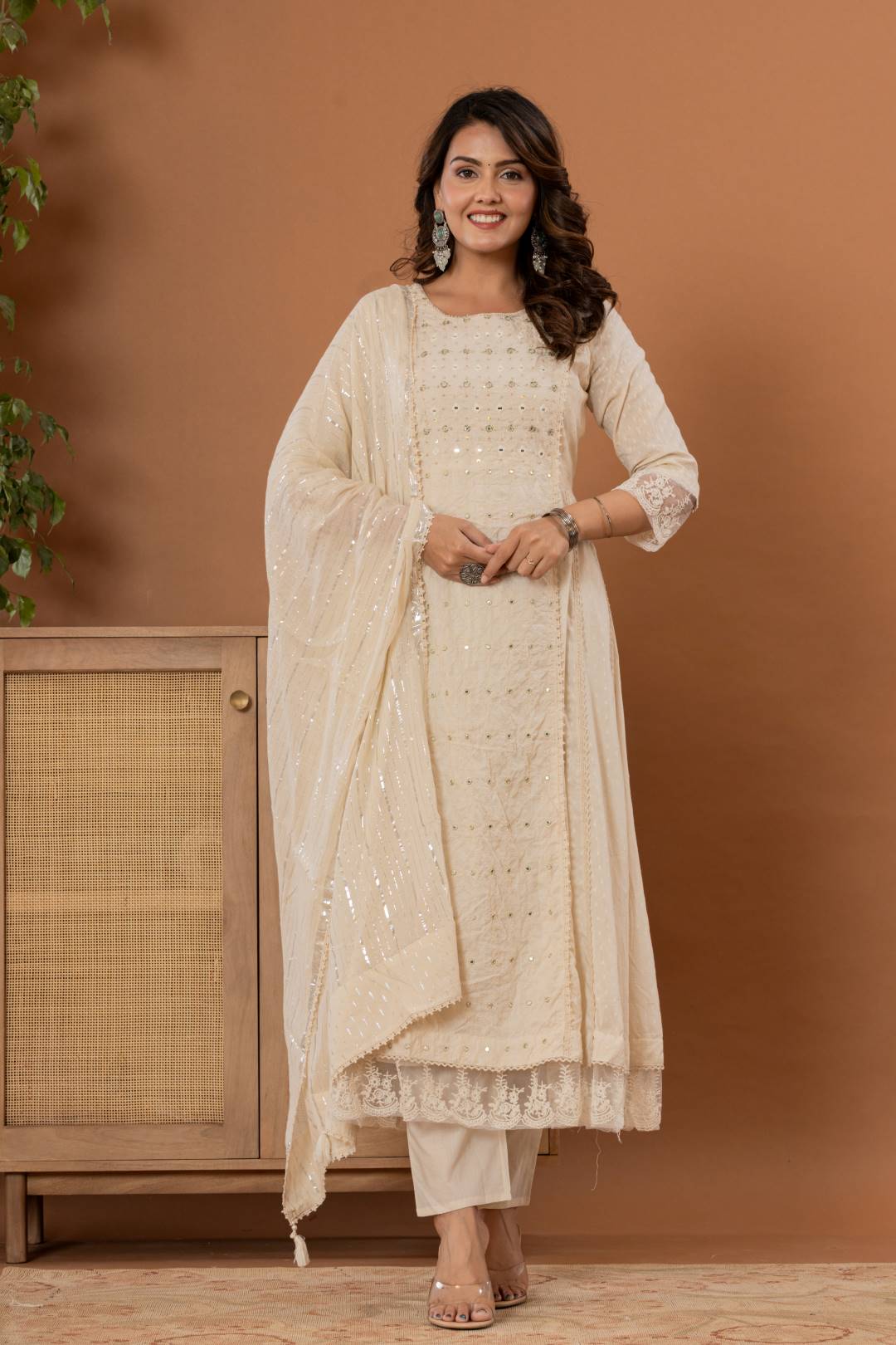 Varanga Women Off-White Mirror And Thread Work, Scallop Lace Anarkali Kurta Paired Wirh Embroidered Bottom And Dupatta - Distacart