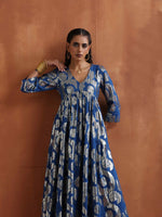 Thumbnail for trueBrowns Blue Metallic Flared Anarkali Kurta Set
