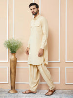Thumbnail for Fabmade Beige Cotton Linen Pathani Kurta With Salwar