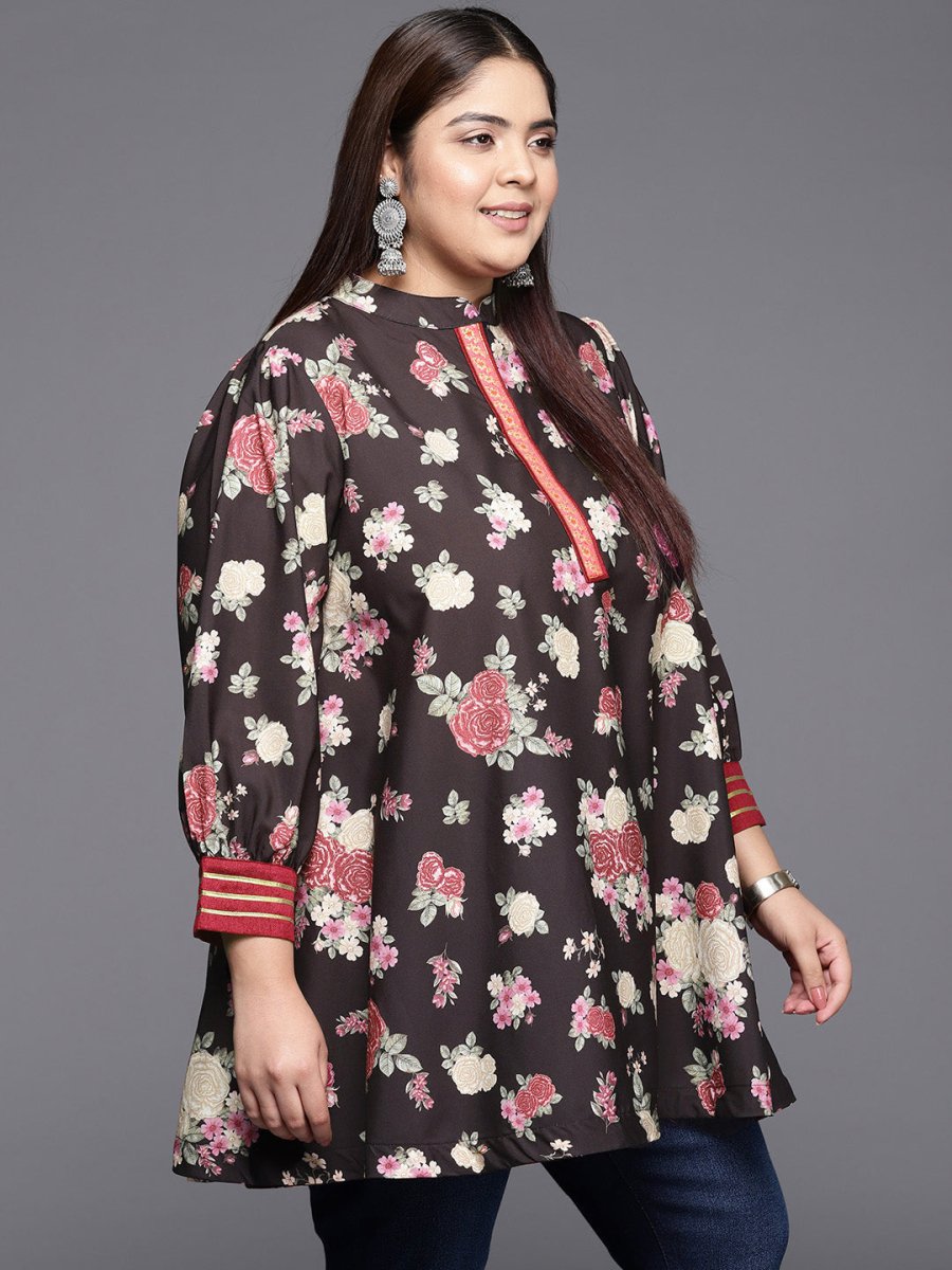 Ahalyaa Mandarin Collar Crepe Floral Printed Tunic - Distacart