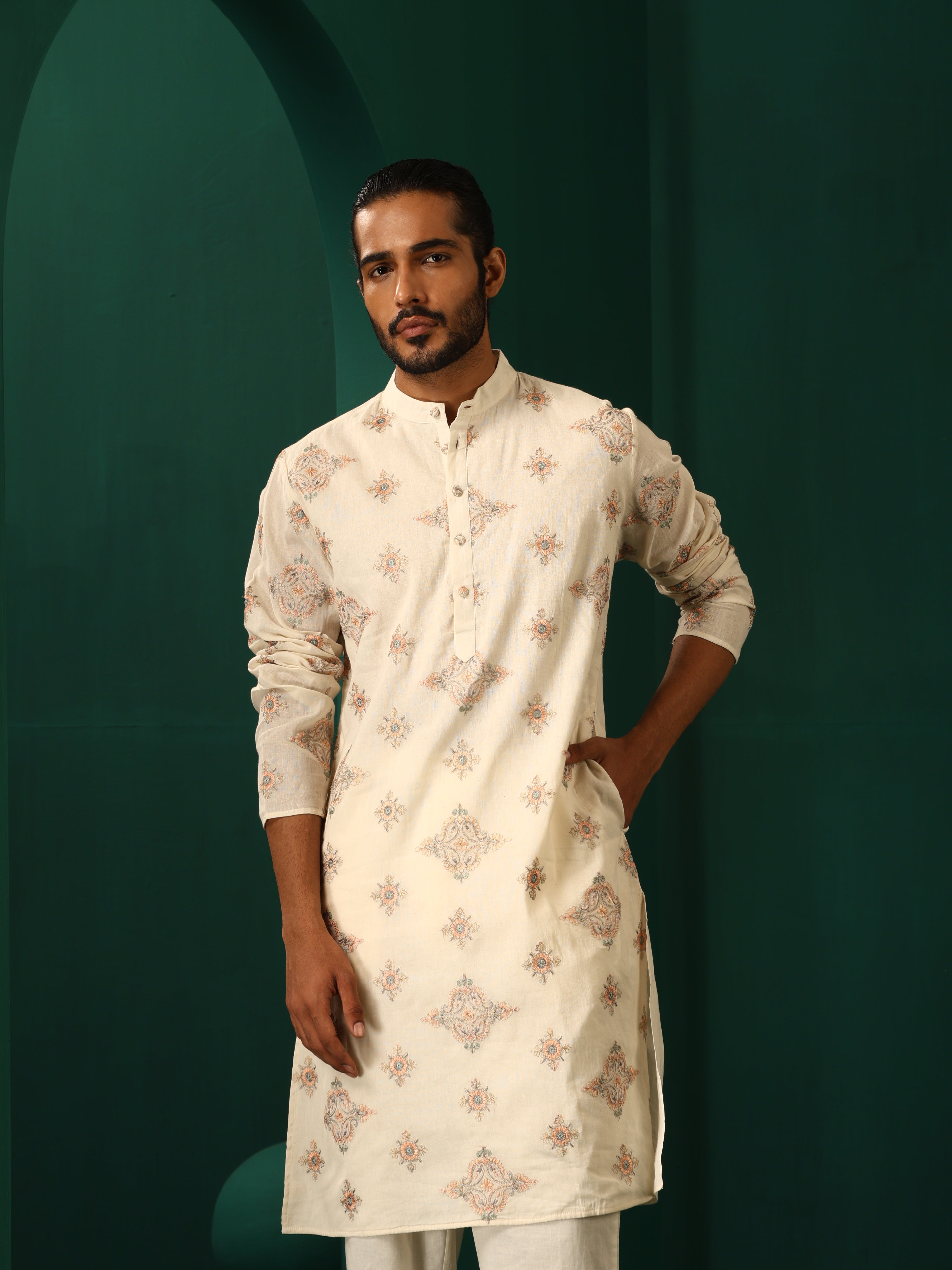 trueBrowns Men's Ivory Peach Cotton Kurta - Distacart