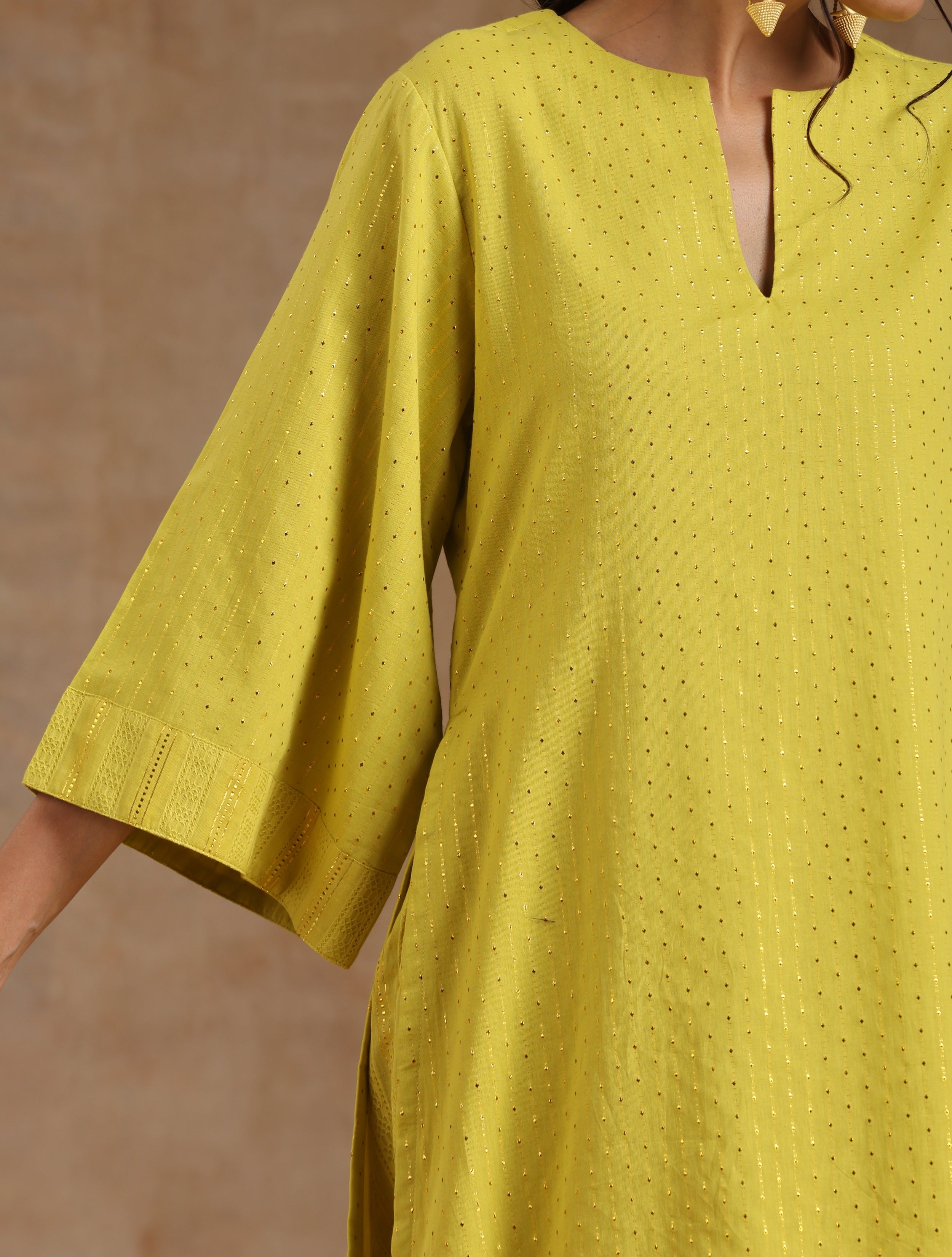 trueBrowns Lime Gold Cotton Relax High Slit Kurta Set - Distacart