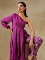 Thumbnail for trueBrowns Purple Bandhani Printed Silk One Shoulder Kurta Pant Set - Distacart