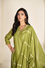 Thumbnail for BulBul Nakshatra Green Silk Kurta Set with Dupatta