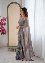 Thumbnail for Evanik Grey Mos Silk With Handwork Butterfly Design Saree With Unstitched Blouse