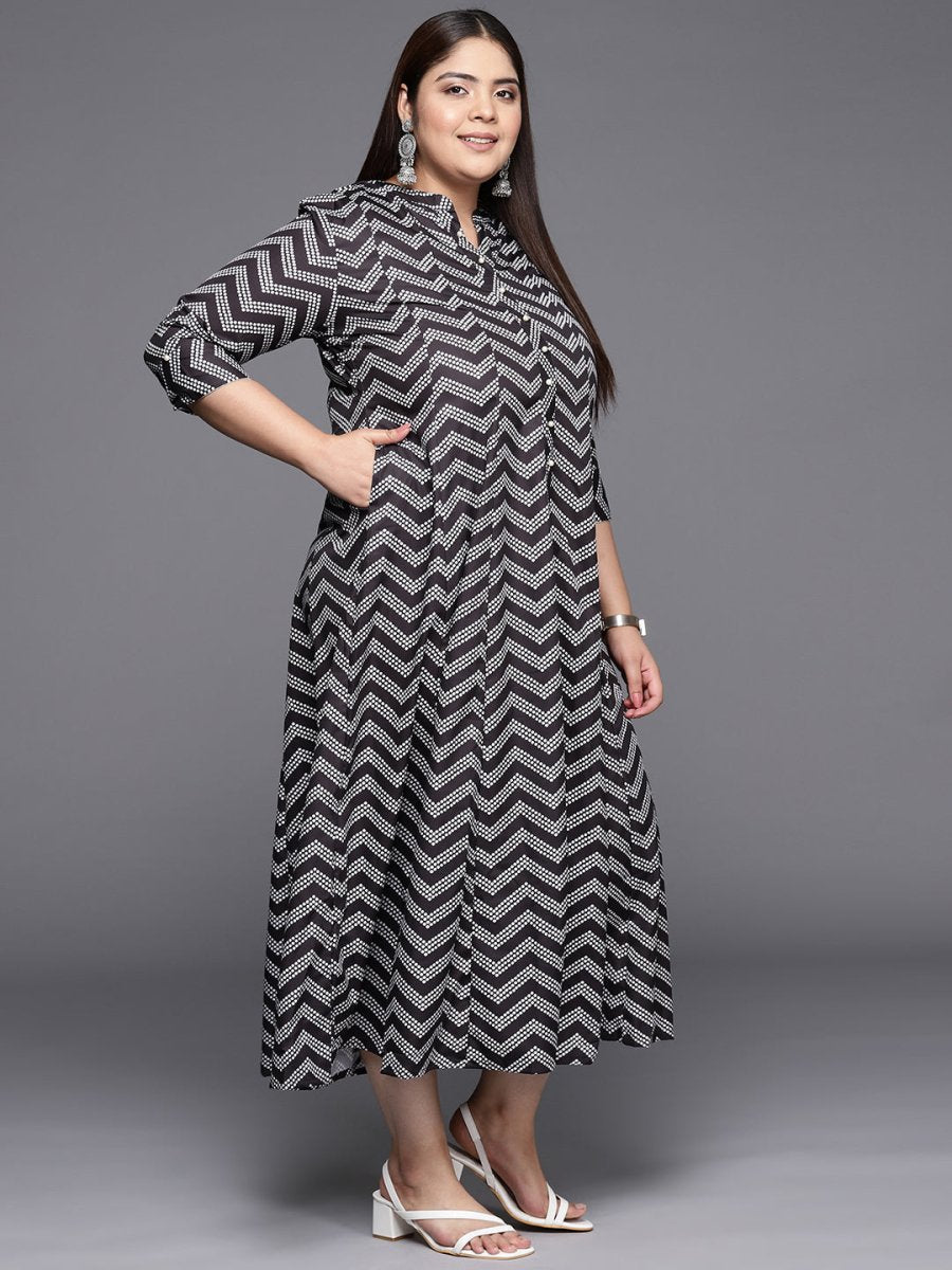Ahalyaa Plus Size Chevron Print Crepe Mandarin Collar A-line Midi Ethnic Dress - Distacart
