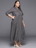 Thumbnail for Ahalyaa Plus Size Chevron Print Crepe Mandarin Collar A-line Midi Ethnic Dress - Distacart