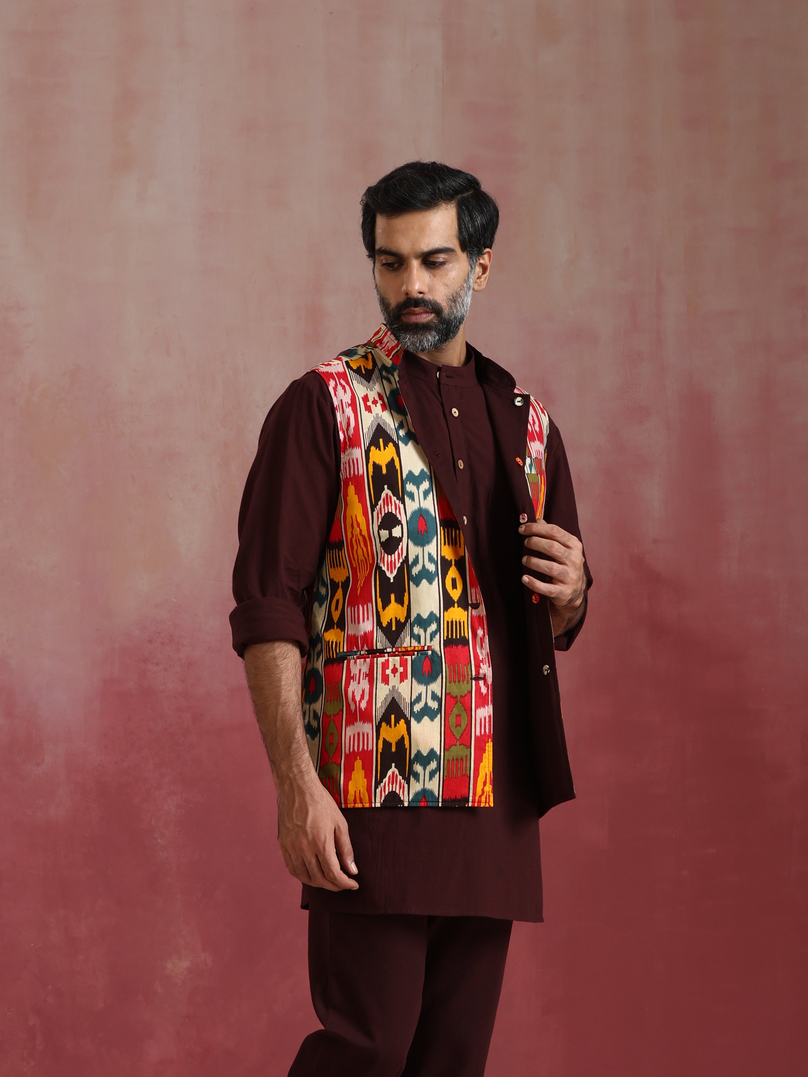 trueBrowns Men's Cola Ikat Print Cotton Reversible Nehru Jacket