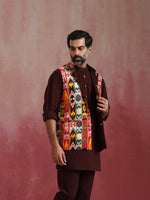 Thumbnail for trueBrowns Men's Cola Ikat Print Cotton Reversible Nehru Jacket