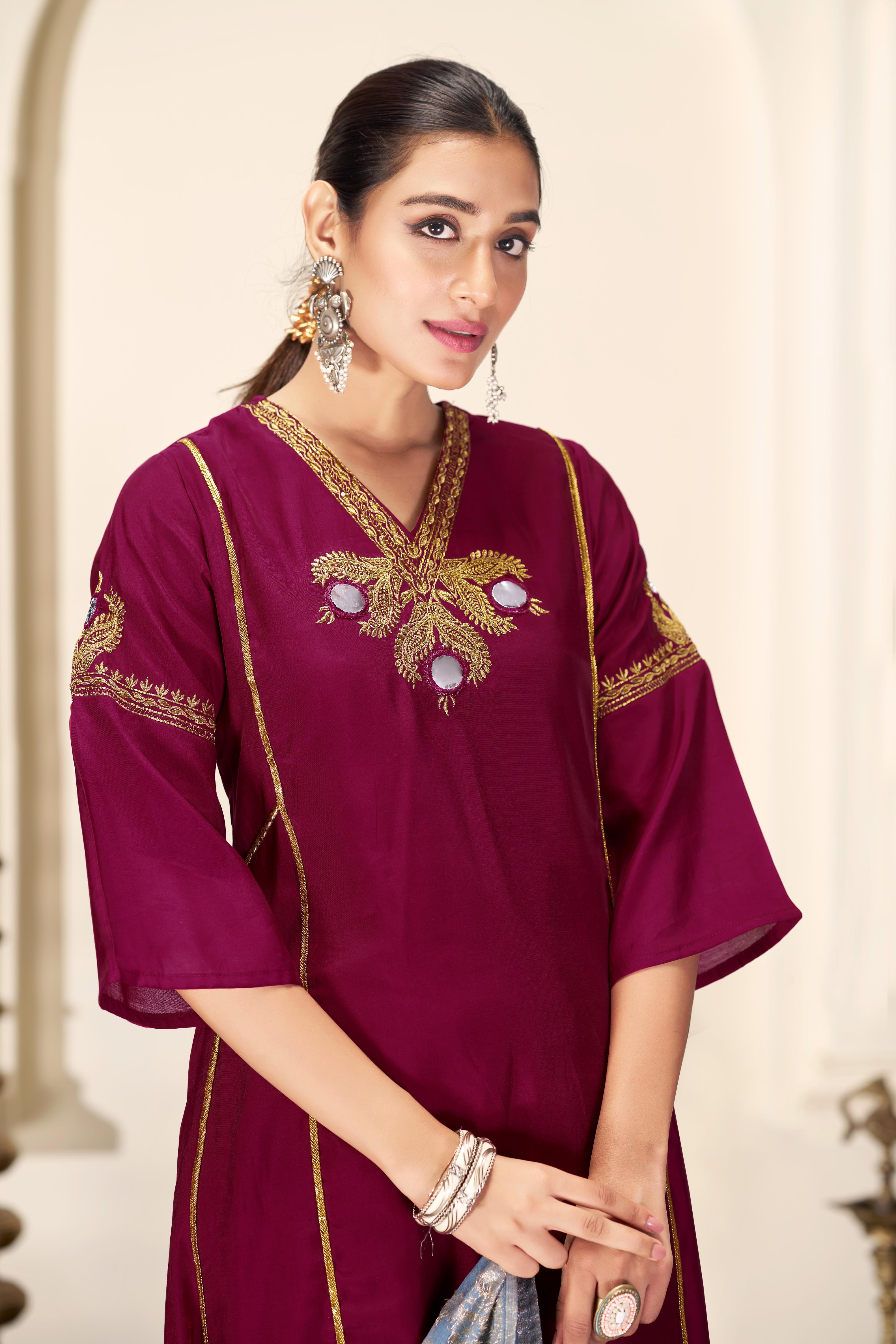 BulBul Shruti Silk Wine Kurta Set with Dupatta