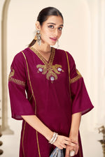 Thumbnail for BulBul Shruti Silk Wine Kurta Set with Dupatta