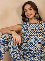 Thumbnail for InWeave Peacock Blue White Moroccan Print Round Neck Kurta Set