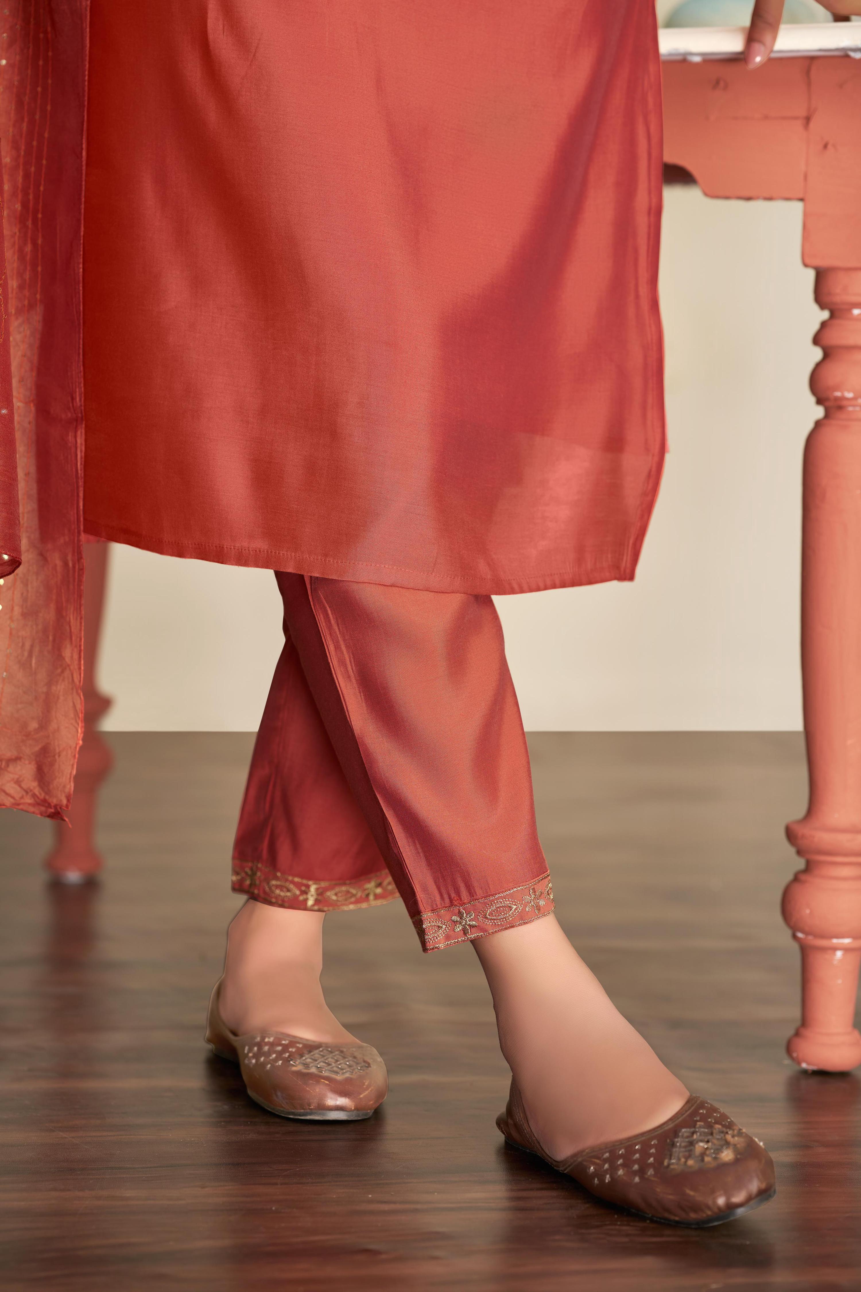 BulBul Mira Rust Silk Kurta Set with Dupatta