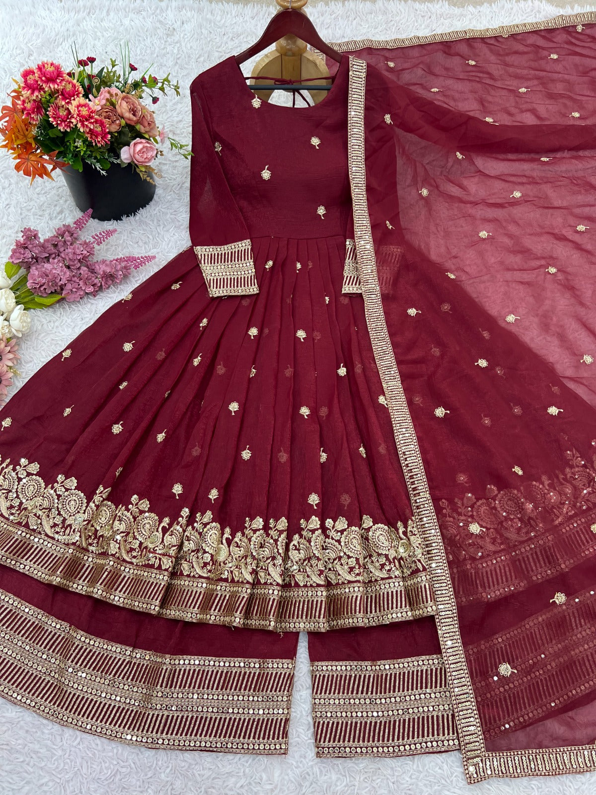 Anaita Chocolate Silk Anarkali Readymade Suit with Embroidery & Sequence Work - Dista