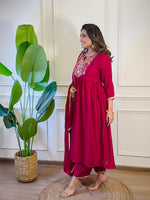 Thumbnail for The52 Women's Gorgeous Vichitra Silk Embroidery Flared Kurta with Palazzo And Dupatta Set