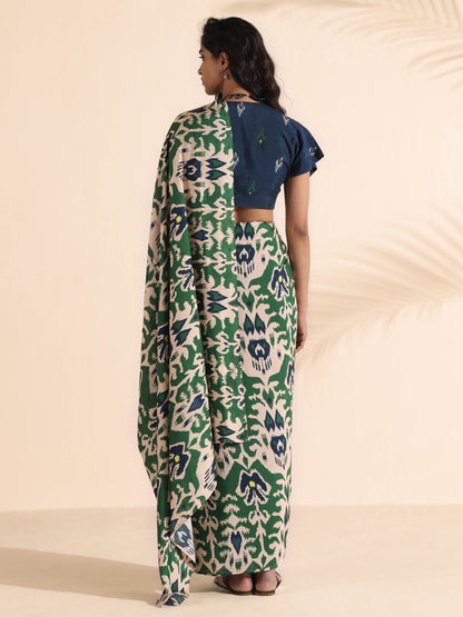 trueBrowns Green Blue Muslin Ikat Saree - Distacart