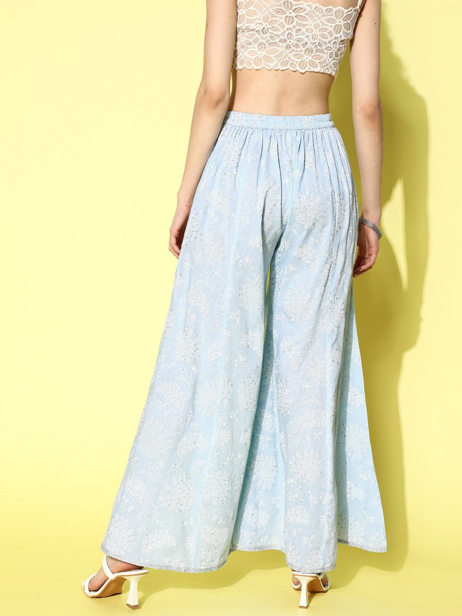 Ahalyaa Women Off White & Blue Floral Printed Flared Ethnic Palazzos - Distacart