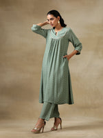 Thumbnail for trueBrowns Light Green Bandhani Printed Silk Yoke Kurta Pant Set - Distacart