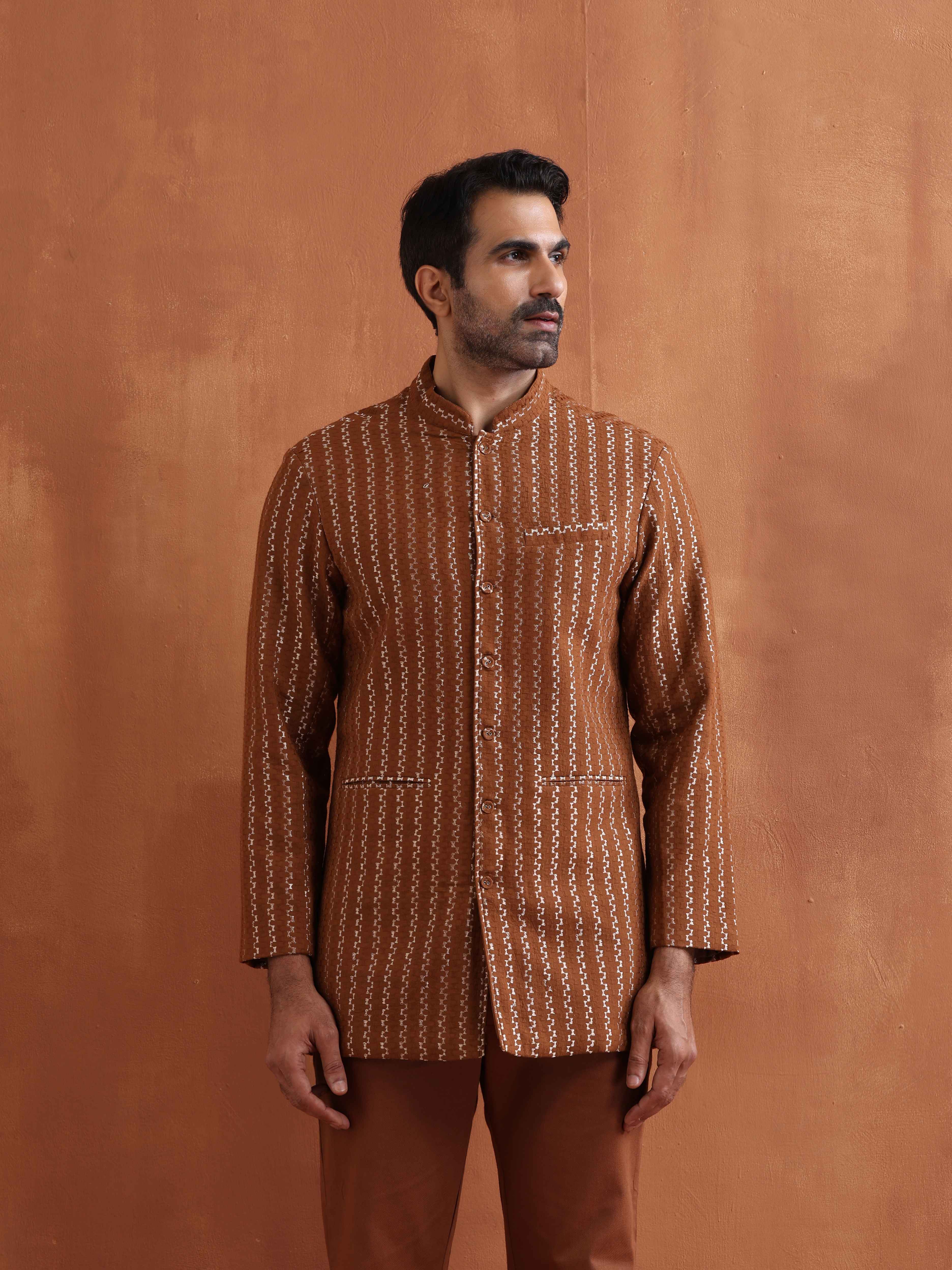 trueBrowns Men's Brown Cotton Dobby Long Jacket