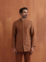 Thumbnail for trueBrowns Men's Brown Cotton Dobby Long Jacket