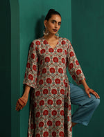 Thumbnail for trueBrowns Ivory Red Circle Floral Muslin Silk Printed V-Neck Kurta Pant Set - Distacart