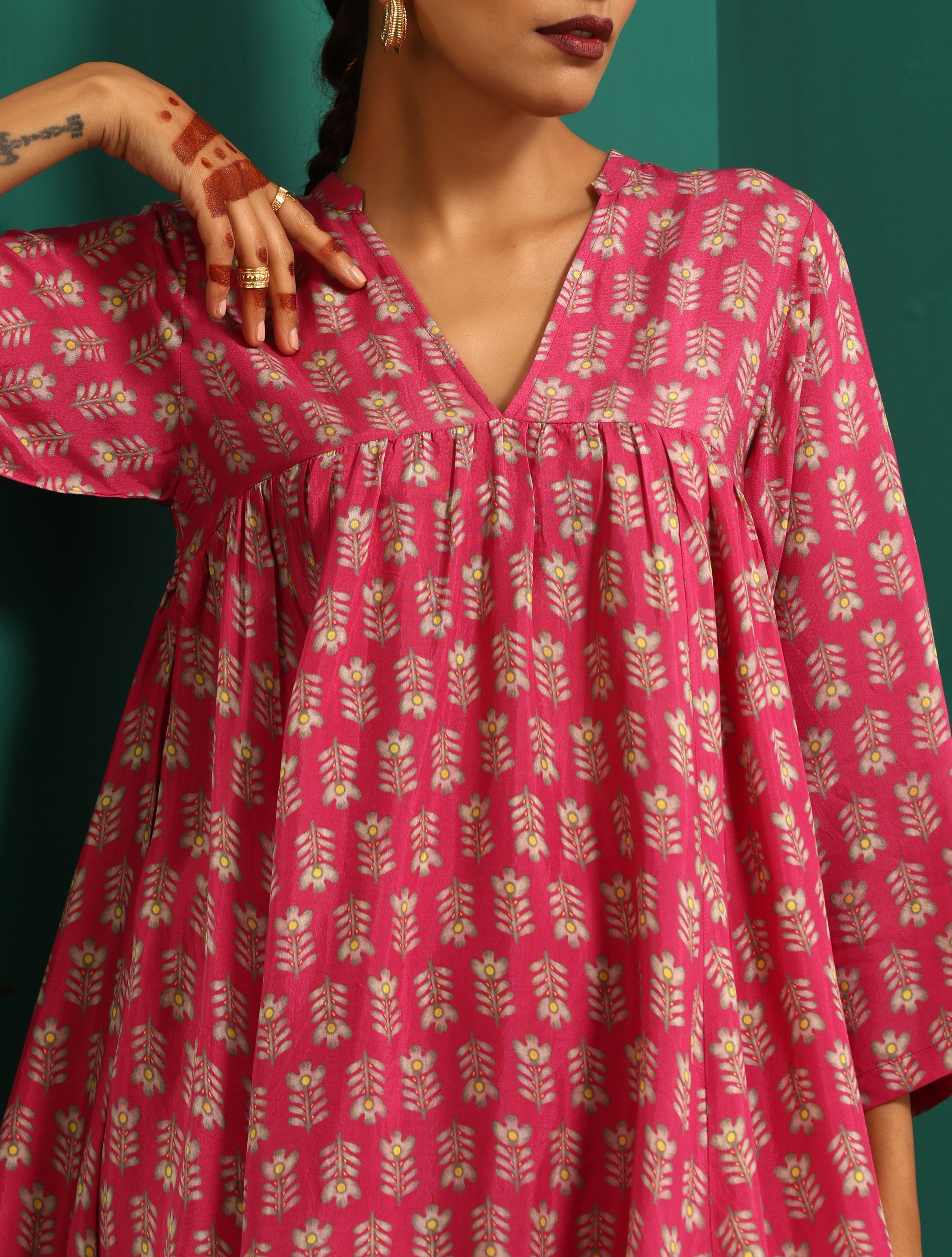 trueBrowns Pink Leaf Muslin Silk Printed Yoke Gathered Co-ord Set - Distacart
