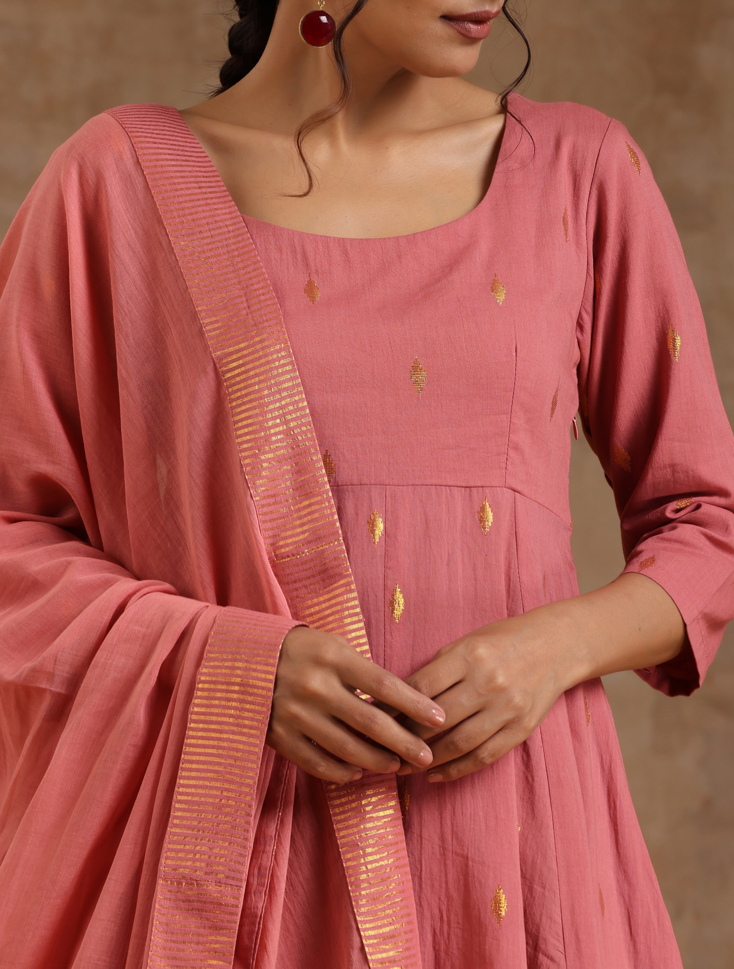 trueBrowns Blush Gold Cotton Anarkali Set - Distacart