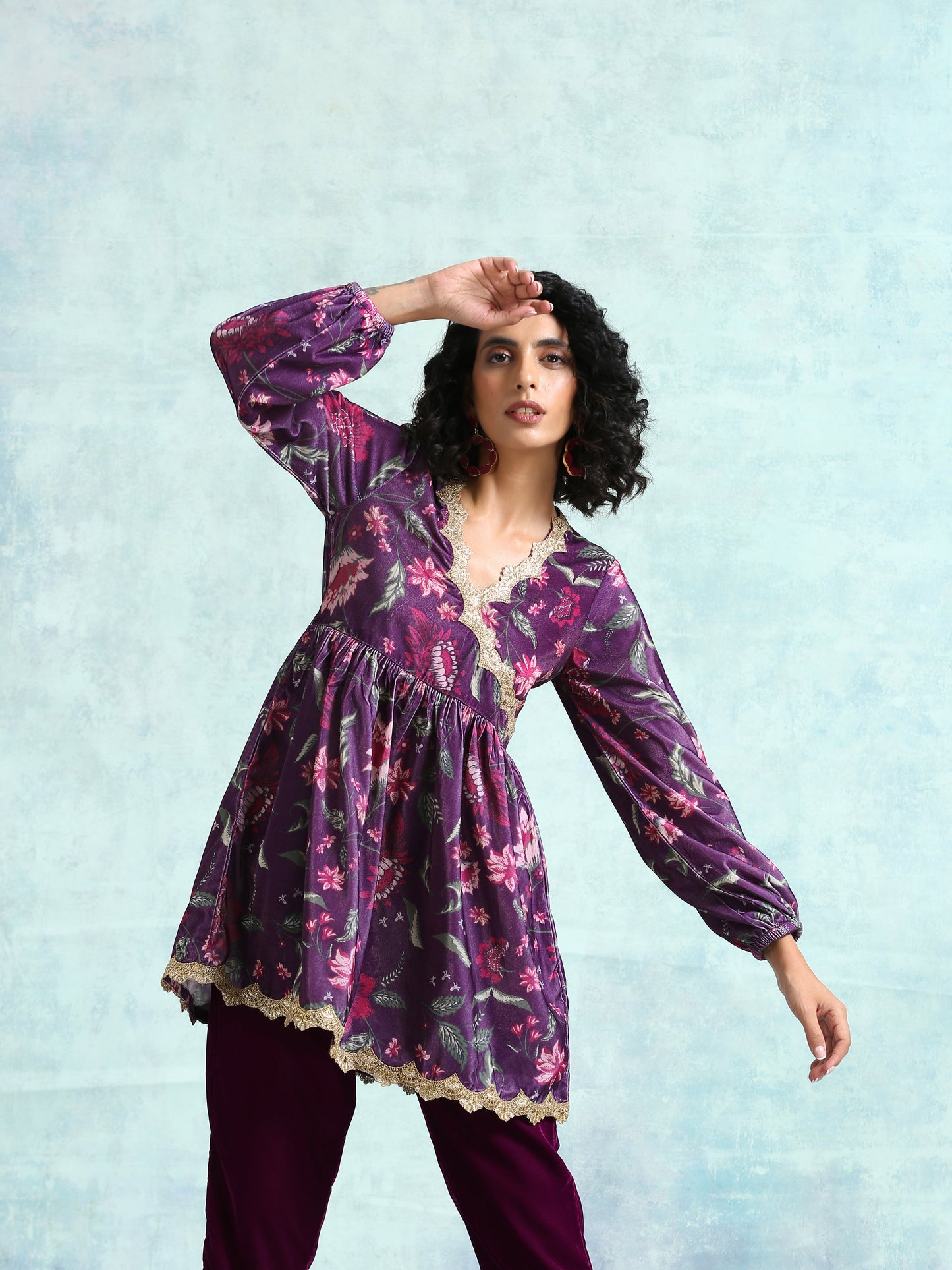 trueBrowns Wine Printed Velvet Lace Co-Ord Set - Distacart
