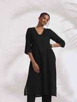Thumbnail for trueBrowns Black Cotton High Slit Kurta Set