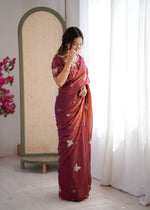 Thumbnail for Evanik Rust Mos Silk With Handwork Butterfly Design Saree With Unstitched Blouse