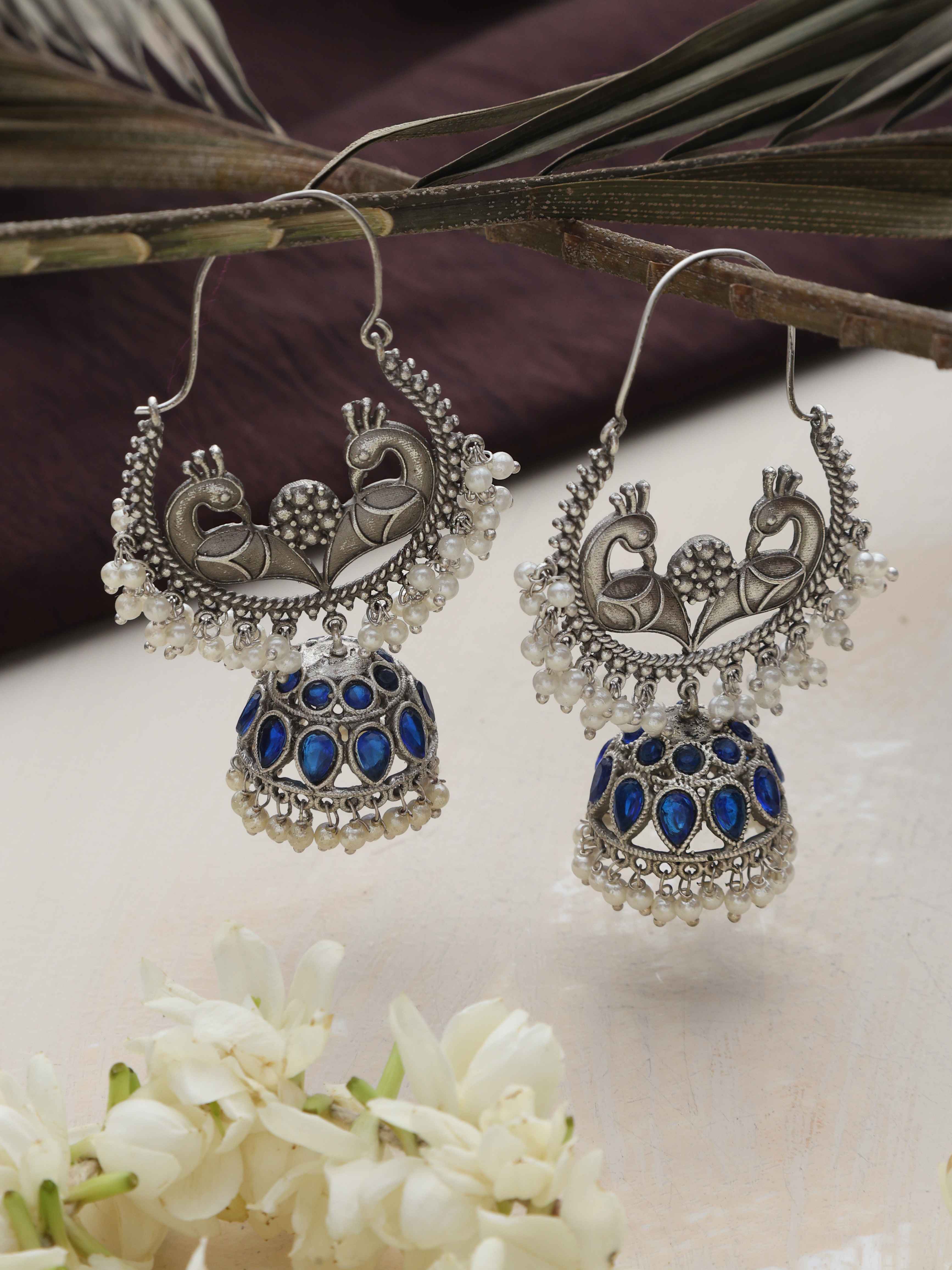 trueBrowns Silver Tone Peacock Jhumka Earrings - Distacart