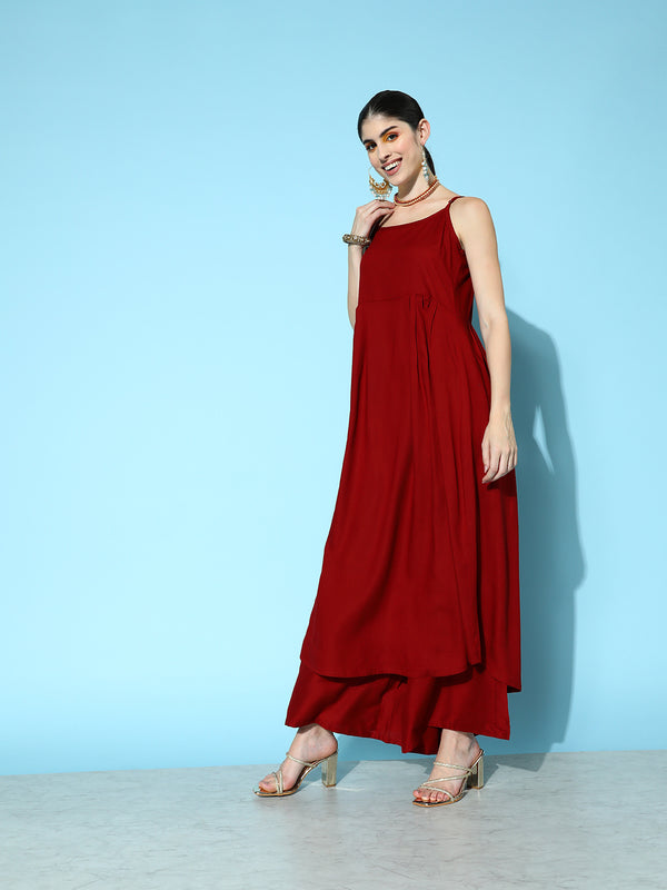 Varanga Women Maroon Strap Style A Line Kurta Paired With Tonal Bottom And Contrast Floral Printed Dupatta With Four Sided Fringes - Distacart