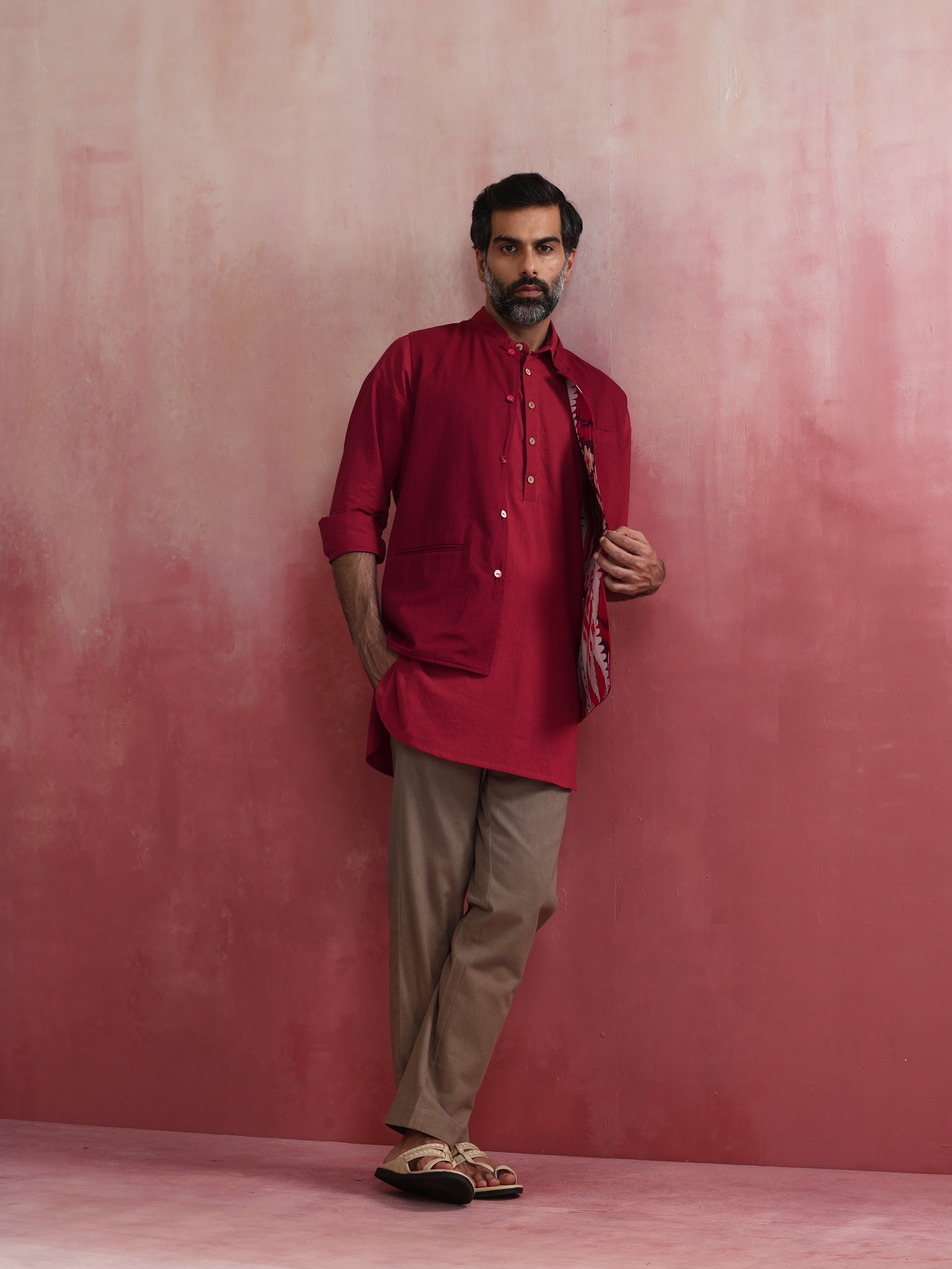 trueBrowns Men's Maroon Ikat Print Cotton Reversible Nehru Jacket