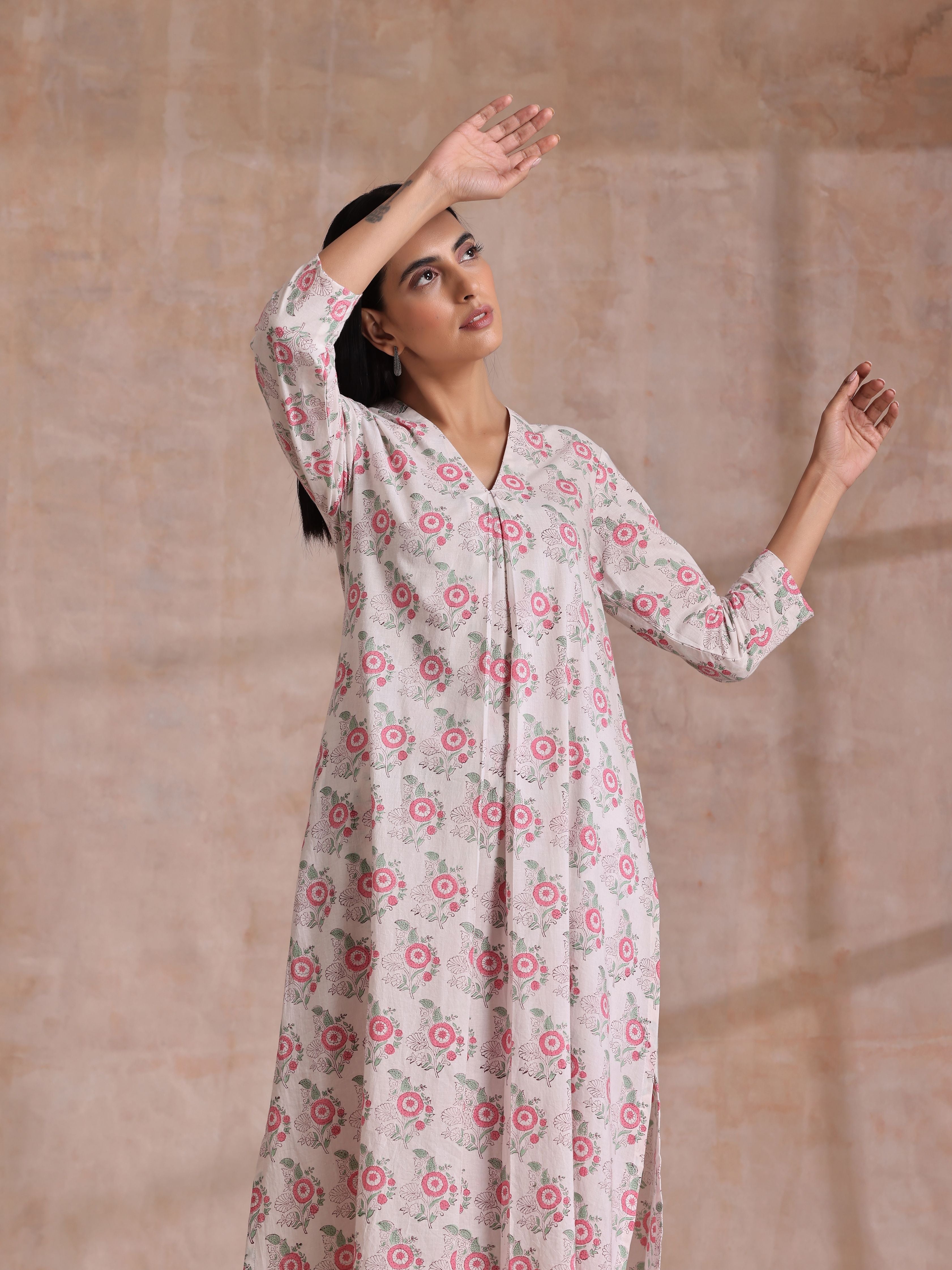 trueBrowns Pink Green Buta On White Block Print Cotton Slit Kurta Pant Set - Distacart