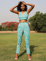 Thumbnail for trueBrowns Turquoise Cotton Block Print Pant Suit Set - Distacart
