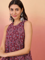 Thumbnail for InWeave Maroon Navy Ajrakh Foil Round Neck Kurta Pant Set