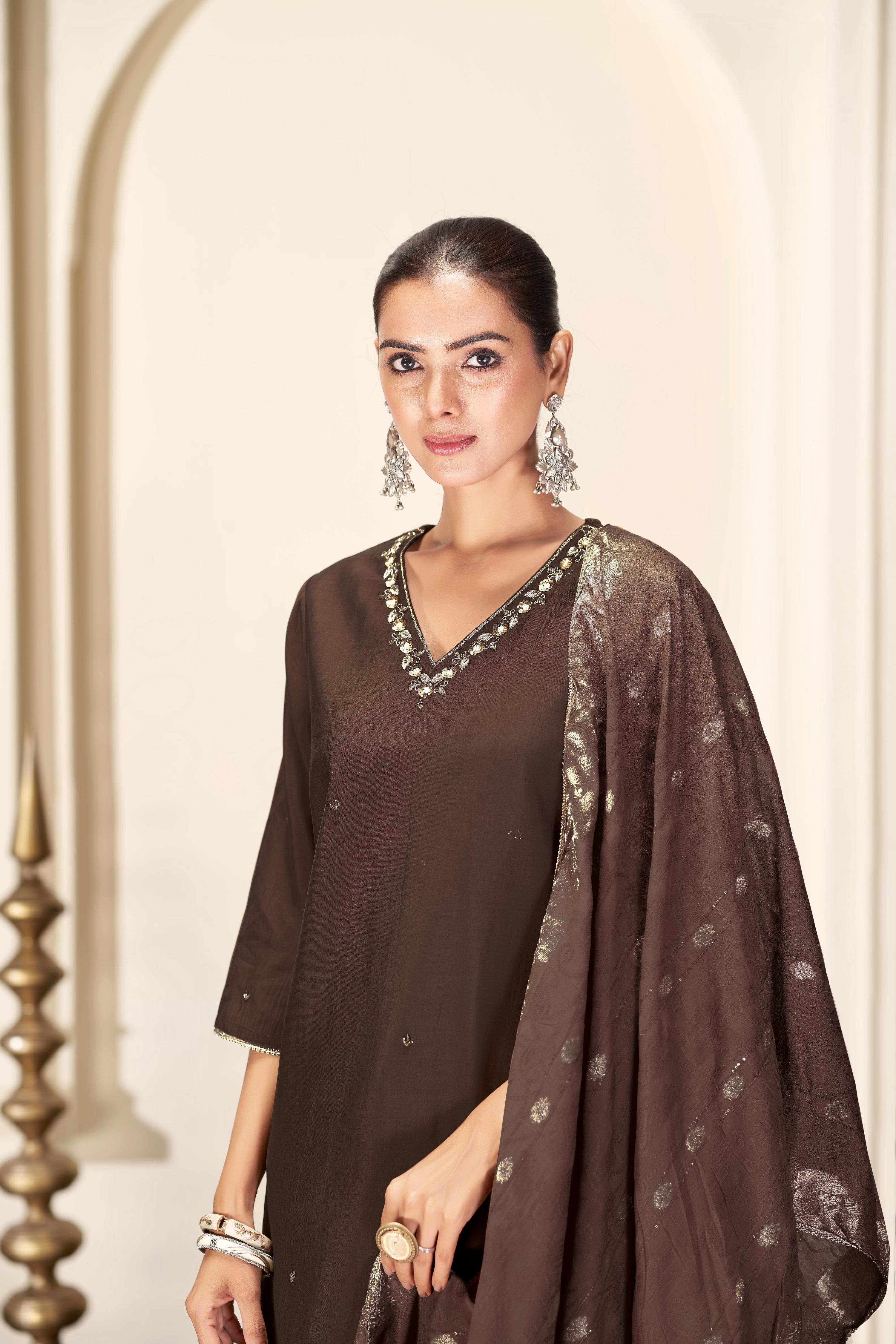 BulBul Nirjari Brown Silk Kurta Set with Dupatta