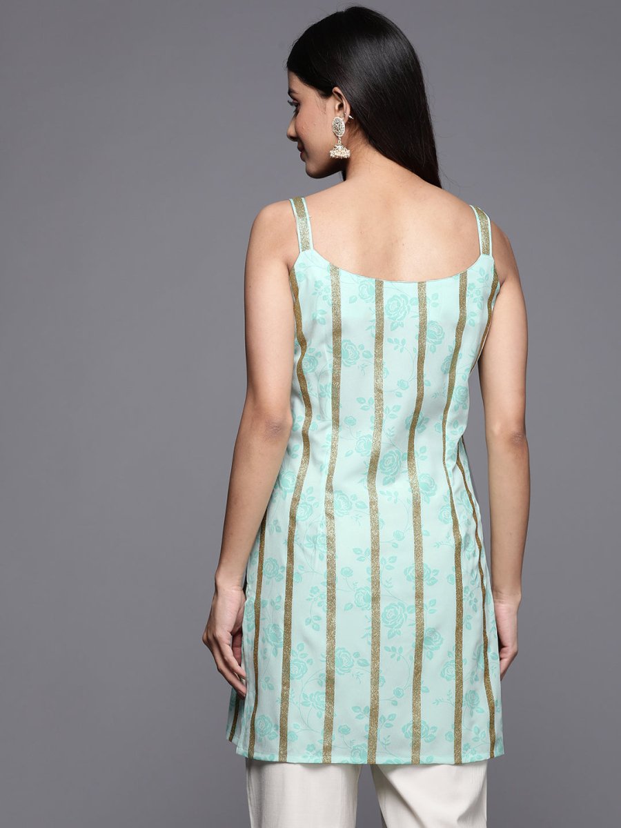 Ahalyaa Striped Floral Printed Shoulder Straps Crepe Tunic - Distacart