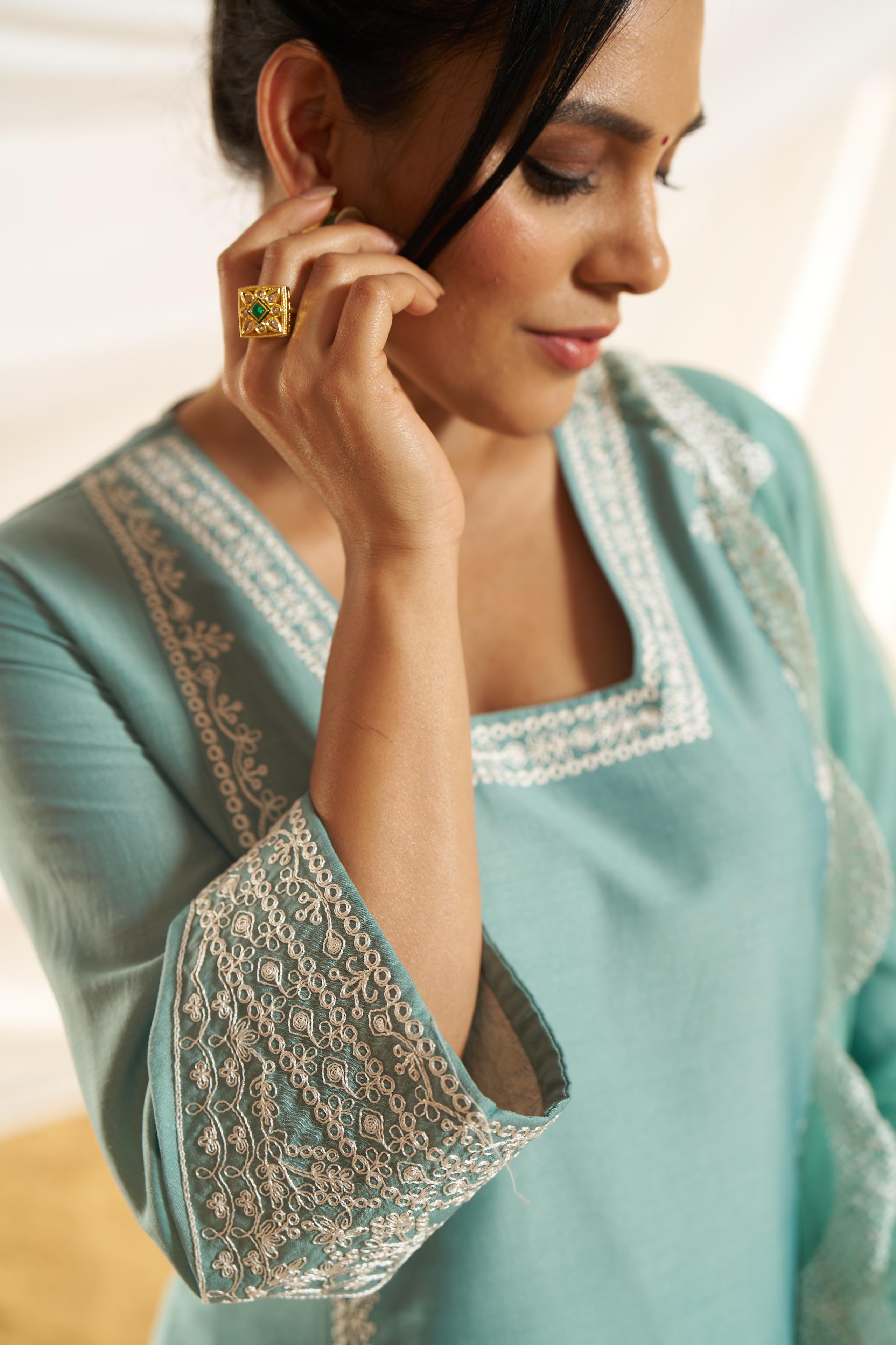 BulBul Women Aqua Embroidered Premium Silk Straight Suit With Dupatta