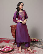 Thumbnail for Varanga Women Voilet Zari Embroidered Kurta With Three Quater Sleeves Paired With Tonal Bottom And Dupatta - Distacart